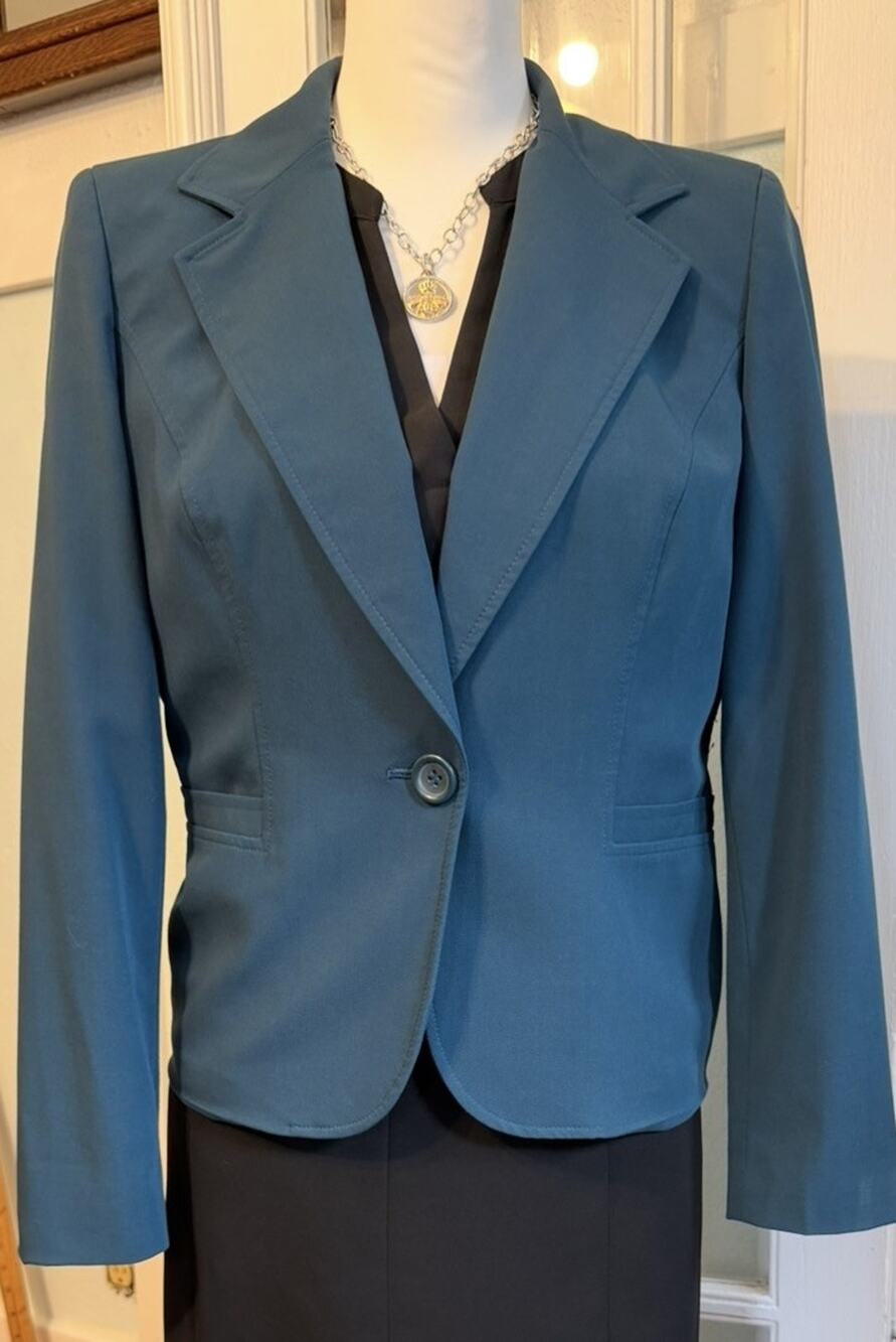 Style & Co Woman Stretch Teal Blue Blazer Jacket Size 8P Professional Workwear